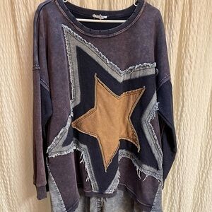 Oli & Hali Distressed Star Patch Pullover in Navy, Tan & Gray